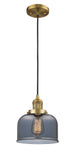 201C-BB-G73 Cord Hung 8" Brushed Brass Mini Pendant - Plated Smoke Large Bell Glass - LED Bulb - Dimmensions: 8 x 8 x 10<br>Minimum Height : 13<br>Maximum Height : 131 - Sloped Ceiling Compatible: Yes