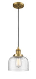 201C-BB-G74 Cord Hung 8" Brushed Brass Mini Pendant - Seedy Large Bell Glass - LED Bulb - Dimmensions: 8 x 8 x 10<br>Minimum Height : 13<br>Maximum Height : 131 - Sloped Ceiling Compatible: Yes