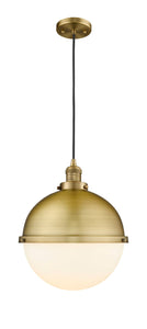 201C-BB-HFS-121-BB 1-Light 12.875" Brushed Brass Pendant - Matte White Hampden Glass - LED Bulb - Dimmensions: 12.875 x 12.875 x 16.375<br>Minimum Height : 19.375<br>Maximum Height : 136.375 - Sloped Ceiling Compatible: Yes