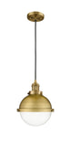 201C-BB-HFS-82-BB Cord Hung 9" Brushed Brass Mini Pendant - Clear Hampden Glass - LED Bulb - Dimmensions: 9 x 9 x 12.25<br>Minimum Height : 15.25<br>Maximum Height : 132.25 - Sloped Ceiling Compatible: Yes