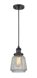 201C-BK-G142 Cord Hung 7" Matte Black Mini Pendant - Clear Chatham Glass - LED Bulb - Dimmensions: 7 x 7 x 11<br>Minimum Height : 14<br>Maximum Height : 132 - Sloped Ceiling Compatible: Yes