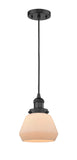 201C-BK-G171 Cord Hung 7" Matte Black Mini Pendant - Matte White Cased Fulton Glass - LED Bulb - Dimmensions: 7 x 7 x 10<br>Minimum Height : 12.5<br>Maximum Height : 130.5 - Sloped Ceiling Compatible: Yes