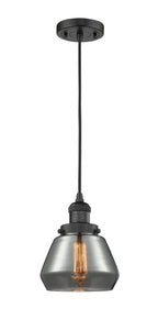 201C-BK-G173 Cord Hung 7" Matte Black Mini Pendant - Plated Smoke Fulton Glass - LED Bulb - Dimmensions: 7 x 7 x 10<br>Minimum Height : 12.5<br>Maximum Height : 130.5 - Sloped Ceiling Compatible: Yes