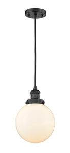 201C-BK-G201-8 Cord Hung 8" Matte Black Mini Pendant - Matte White Cased Beacon Glass - LED Bulb - Dimmensions: 8 x 8 x 11.5<br>Minimum Height : 15<br>Maximum Height : 133 - Sloped Ceiling Compatible: Yes