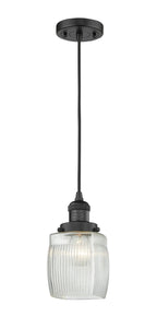 201C-BK-G302 Cord Hung 5.5" Matte Black Mini Pendant - Thick Clear Halophane Colton Glass - LED Bulb - Dimmensions: 5.5 x 5.5 x 8.5<br>Minimum Height : 13.25<br>Maximum Height : 131.25 - Sloped Ceiling Compatible: Yes