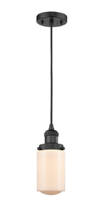 201C-BK-G311 Cord Hung 4.5" Matte Black Mini Pendant - Matte White Cased Dover Glass - LED Bulb - Dimmensions: 4.5 x 4.5 x 10.25<br>Minimum Height : 13.75<br>Maximum Height : 131.75 - Sloped Ceiling Compatible: Yes