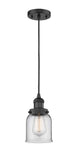 201C-BK-G52 Cord Hung 5" Matte Black Mini Pendant - Clear Small Bell Glass - LED Bulb - Dimmensions: 5 x 5 x 10<br>Minimum Height : 13<br>Maximum Height : 131 - Sloped Ceiling Compatible: Yes