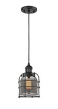 201C-BK-G53-CE Cord Hung 6" Matte Black Mini Pendant - Plated Smoke Small Bell Cage Glass - LED Bulb - Dimmensions: 6 x 6 x 9<br>Minimum Height : 13.5<br>Maximum Height : 131.5 - Sloped Ceiling Compatible: Yes