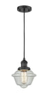 201C-BK-G534 Cord Hung 7.5" Matte Black Mini Pendant - Seedy Small Oxford Glass - LED Bulb - Dimmensions: 7.5 x 7.5 x 8<br>Minimum Height : 13<br>Maximum Height : 131 - Sloped Ceiling Compatible: Yes