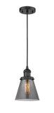 201C-BK-G63 Cord Hung 6" Matte Black Mini Pendant - Plated Smoke Small Cone Glass - LED Bulb - Dimmensions: 6 x 6 x 8<br>Minimum Height : 13<br>Maximum Height : 131 - Sloped Ceiling Compatible: Yes