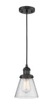 201C-BK-G64 Cord Hung 6" Matte Black Mini Pendant - Seedy Small Cone Glass - LED Bulb - Dimmensions: 6 x 6 x 8<br>Minimum Height : 13<br>Maximum Height : 131 - Sloped Ceiling Compatible: Yes