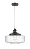 201C-BK-G694-12 Cord Hung 12" Matte Black Mini Pendant - Seedy Large Bridgeton Glass - LED Bulb - Dimmensions: 12 x 12 x 9.875<br>Minimum Height : 12.875<br>Maximum Height : 129.875 - Sloped Ceiling Compatible: Yes