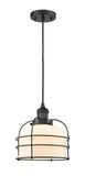 Cord Hung 9" Black Antique Brass Mini Pendant - Matte White Cased Large Bell Cage Glass LED