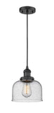 201C-BK-G74 Cord Hung 8" Matte Black Mini Pendant - Seedy Large Bell Glass - LED Bulb - Dimmensions: 8 x 8 x 10<br>Minimum Height : 13<br>Maximum Height : 131 - Sloped Ceiling Compatible: Yes