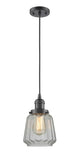 201C-OB-G142 Cord Hung 7" Oil Rubbed Bronze Mini Pendant - Clear Chatham Glass - LED Bulb - Dimmensions: 7 x 7 x 11<br>Minimum Height : 14<br>Maximum Height : 132 - Sloped Ceiling Compatible: Yes