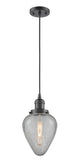 201C-OB-G165 Cord Hung 6.5" Oil Rubbed Bronze Mini Pendant - Clear Crackle Geneseo Glass - LED Bulb - Dimmensions: 6.5 x 6.5 x 12<br>Minimum Height : 16<br>Maximum Height : 134 - Sloped Ceiling Compatible: Yes