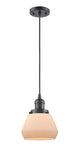 201C-OB-G171 Cord Hung 7" Oil Rubbed Bronze Mini Pendant - Matte White Cased Fulton Glass - LED Bulb - Dimmensions: 7 x 7 x 10<br>Minimum Height : 12.5<br>Maximum Height : 130.5 - Sloped Ceiling Compatible: Yes