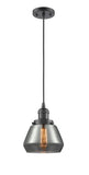 201C-OB-G173 Cord Hung 7" Oil Rubbed Bronze Mini Pendant - Plated Smoke Fulton Glass - LED Bulb - Dimmensions: 7 x 7 x 10<br>Minimum Height : 12.5<br>Maximum Height : 130.5 - Sloped Ceiling Compatible: Yes
