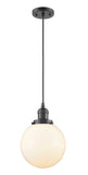 201C-OB-G201-8 Cord Hung 8" Oil Rubbed Bronze Mini Pendant - Matte White Cased Beacon Glass - LED Bulb - Dimmensions: 8 x 8 x 11.5<br>Minimum Height : 15<br>Maximum Height : 133 - Sloped Ceiling Compatible: Yes