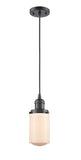 201C-OB-G311 Cord Hung 4.5" Oil Rubbed Bronze Mini Pendant - Matte White Cased Dover Glass - LED Bulb - Dimmensions: 4.5 x 4.5 x 10.25<br>Minimum Height : 13.75<br>Maximum Height : 131.75 - Sloped Ceiling Compatible: Yes