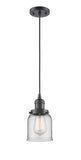 201C-OB-G52 Cord Hung 5" Oil Rubbed Bronze Mini Pendant - Clear Small Bell Glass - LED Bulb - Dimmensions: 5 x 5 x 10<br>Minimum Height : 13<br>Maximum Height : 131 - Sloped Ceiling Compatible: Yes