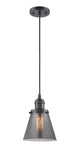 201C-OB-G63 Cord Hung 6" Oil Rubbed Bronze Mini Pendant - Plated Smoke Small Cone Glass - LED Bulb - Dimmensions: 6 x 6 x 8<br>Minimum Height : 13<br>Maximum Height : 131 - Sloped Ceiling Compatible: Yes