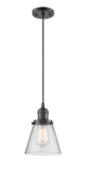 201C-OB-G64 Cord Hung 6" Oil Rubbed Bronze Mini Pendant - Seedy Small Cone Glass - LED Bulb - Dimmensions: 6 x 6 x 8<br>Minimum Height : 13<br>Maximum Height : 131 - Sloped Ceiling Compatible: Yes