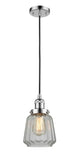 201C-PC-G142 Cord Hung 7" Polished Chrome Mini Pendant - Clear Chatham Glass - LED Bulb - Dimmensions: 7 x 7 x 11<br>Minimum Height : 14<br>Maximum Height : 132 - Sloped Ceiling Compatible: Yes