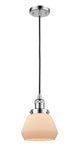 201C-PC-G171 Cord Hung 7" Polished Chrome Mini Pendant - Matte White Cased Fulton Glass - LED Bulb - Dimmensions: 7 x 7 x 10<br>Minimum Height : 12.5<br>Maximum Height : 130.5 - Sloped Ceiling Compatible: Yes