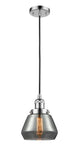 201C-PC-G173 Cord Hung 7" Polished Chrome Mini Pendant - Plated Smoke Fulton Glass - LED Bulb - Dimmensions: 7 x 7 x 10<br>Minimum Height : 12.5<br>Maximum Height : 130.5 - Sloped Ceiling Compatible: Yes