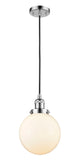 201C-PC-G201-8 Cord Hung 8" Polished Chrome Mini Pendant - Matte White Cased Beacon Glass - LED Bulb - Dimmensions: 8 x 8 x 11.5<br>Minimum Height : 15<br>Maximum Height : 133 - Sloped Ceiling Compatible: Yes