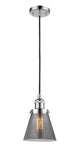 201C-PC-G63 Cord Hung 6" Polished Chrome Mini Pendant - Plated Smoke Small Cone Glass - LED Bulb - Dimmensions: 6 x 6 x 8<br>Minimum Height : 13<br>Maximum Height : 131 - Sloped Ceiling Compatible: Yes