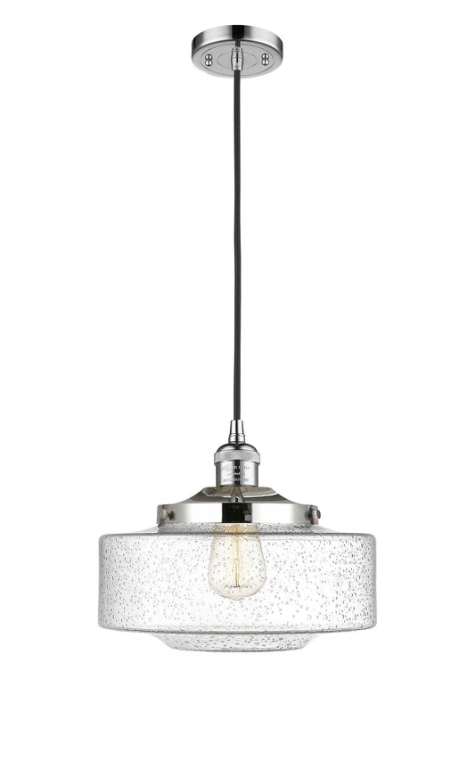201C-PC-G694-12 Cord Hung 12" Polished Chrome Mini Pendant - Seedy Large Bridgeton Glass - LED Bulb - Dimmensions: 12 x 12 x 9.875<br>Minimum Height : 12.875<br>Maximum Height : 129.875 - Sloped Ceiling Compatible: Yes