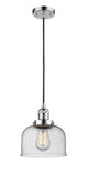 201C-PC-G74 Cord Hung 8" Polished Chrome Mini Pendant - Seedy Large Bell Glass - LED Bulb - Dimmensions: 8 x 8 x 10<br>Minimum Height : 13<br>Maximum Height : 131 - Sloped Ceiling Compatible: Yes