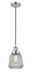 201C-PN-G142 Cord Hung 7" Polished Nickel Mini Pendant - Clear Chatham Glass - LED Bulb - Dimmensions: 7 x 7 x 11<br>Minimum Height : 14<br>Maximum Height : 132 - Sloped Ceiling Compatible: Yes