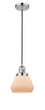 201C-PN-G171 Cord Hung 7" Polished Nickel Mini Pendant - Matte White Cased Fulton Glass - LED Bulb - Dimmensions: 7 x 7 x 10<br>Minimum Height : 12.5<br>Maximum Height : 130.5 - Sloped Ceiling Compatible: Yes