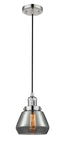 201C-PN-G173 Cord Hung 7" Polished Nickel Mini Pendant - Plated Smoke Fulton Glass - LED Bulb - Dimmensions: 7 x 7 x 10<br>Minimum Height : 12.5<br>Maximum Height : 130.5 - Sloped Ceiling Compatible: Yes