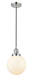 201C-PN-G201-8 Cord Hung 8" Polished Nickel Mini Pendant - Matte White Cased Beacon Glass - LED Bulb - Dimmensions: 8 x 8 x 11.5<br>Minimum Height : 15<br>Maximum Height : 133 - Sloped Ceiling Compatible: Yes