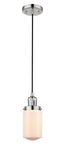 201C-PN-G311 Cord Hung 4.5" Polished Nickel Mini Pendant - Matte White Cased Dover Glass - LED Bulb - Dimmensions: 4.5 x 4.5 x 10.25<br>Minimum Height : 13.75<br>Maximum Height : 131.75 - Sloped Ceiling Compatible: Yes