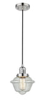201C-PN-G534 Cord Hung 7.5" Polished Nickel Mini Pendant - Seedy Small Oxford Glass - LED Bulb - Dimmensions: 7.5 x 7.5 x 8<br>Minimum Height : 13<br>Maximum Height : 131 - Sloped Ceiling Compatible: Yes