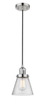 201C-PN-G64 Cord Hung 6" Polished Nickel Mini Pendant - Seedy Small Cone Glass - LED Bulb - Dimmensions: 6 x 6 x 8<br>Minimum Height : 13<br>Maximum Height : 131 - Sloped Ceiling Compatible: Yes