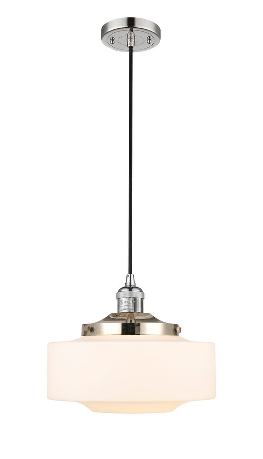 201C-PN-G691-12 Cord Hung 12" Polished Nickel Mini Pendant - Matte White Cased Large Bridgeton Glass - LED Bulb - Dimmensions: 12 x 12 x 9.875<br>Minimum Height : 12.875<br>Maximum Height : 129.875 - Sloped Ceiling Compatible: Yes