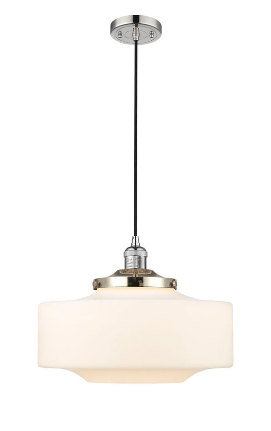 201C-PN-G691-16 Cord Hung 16" Polished Nickel Mini Pendant - Matte White Cased Large Bridgeton Glass - LED Bulb - Dimmensions: 16 x 16 x 12<br>Minimum Height : 15<br>Maximum Height : 132 - Sloped Ceiling Compatible: Yes