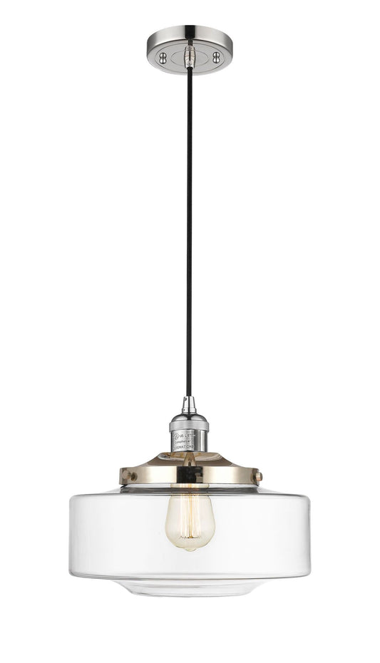 201C-PN-G692-12 Cord Hung 12" Polished Nickel Mini Pendant - Clear Large Bridgeton Glass - LED Bulb - Dimmensions: 12 x 12 x 9.875<br>Minimum Height : 12.875<br>Maximum Height : 129.875 - Sloped Ceiling Compatible: Yes