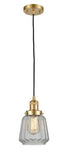 201C-SG-G142 Cord Hung 7" Satin Gold Mini Pendant - Clear Chatham Glass - LED Bulb - Dimmensions: 7 x 7 x 11<br>Minimum Height : 14<br>Maximum Height : 132 - Sloped Ceiling Compatible: Yes