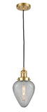 201C-SG-G165 Cord Hung 6.5" Satin Gold Mini Pendant - Clear Crackle Geneseo Glass - LED Bulb - Dimmensions: 6.5 x 6.5 x 12<br>Minimum Height : 16<br>Maximum Height : 134 - Sloped Ceiling Compatible: Yes