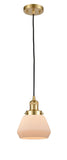 201C-SG-G171 Cord Hung 7" Satin Gold Mini Pendant - Matte White Cased Fulton Glass - LED Bulb - Dimmensions: 7 x 7 x 10<br>Minimum Height : 12.5<br>Maximum Height : 130.5 - Sloped Ceiling Compatible: Yes