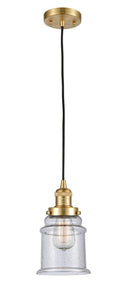 201C-SG-G184 Cord Hung 6" Satin Gold Mini Pendant - Seedy Canton Glass - LED Bulb - Dimmensions: 6 x 6 x 10<br>Minimum Height : 14.5<br>Maximum Height : 132.5 - Sloped Ceiling Compatible: Yes