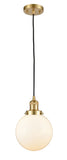 201C-SG-G201-8 Cord Hung 8" Satin Gold Mini Pendant - Matte White Cased Beacon Glass - LED Bulb - Dimmensions: 8 x 8 x 11.5<br>Minimum Height : 15<br>Maximum Height : 133 - Sloped Ceiling Compatible: Yes