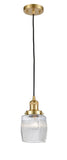 201C-SG-G302 Cord Hung 5.5" Satin Gold Mini Pendant - Thick Clear Halophane Colton Glass - LED Bulb - Dimmensions: 5.5 x 5.5 x 8.5<br>Minimum Height : 13.25<br>Maximum Height : 131.25 - Sloped Ceiling Compatible: Yes